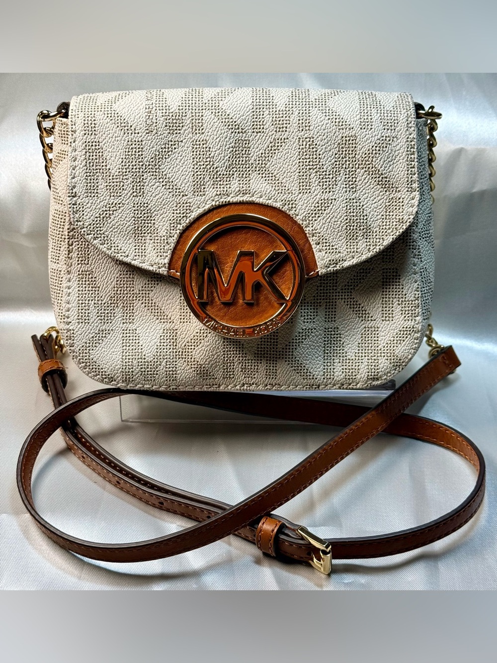 Michael Kors Cream Logo Crossbody with Brown Leather Trim and Gold Hardware